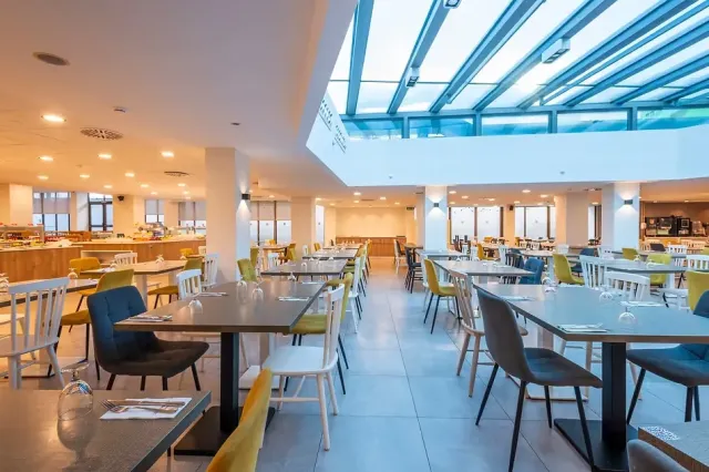 Dine at the buffet restaurant on site