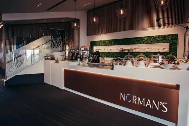 With a selection of drinks  cakes  and pastries