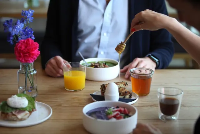 Enjoy fruit and juice every morning